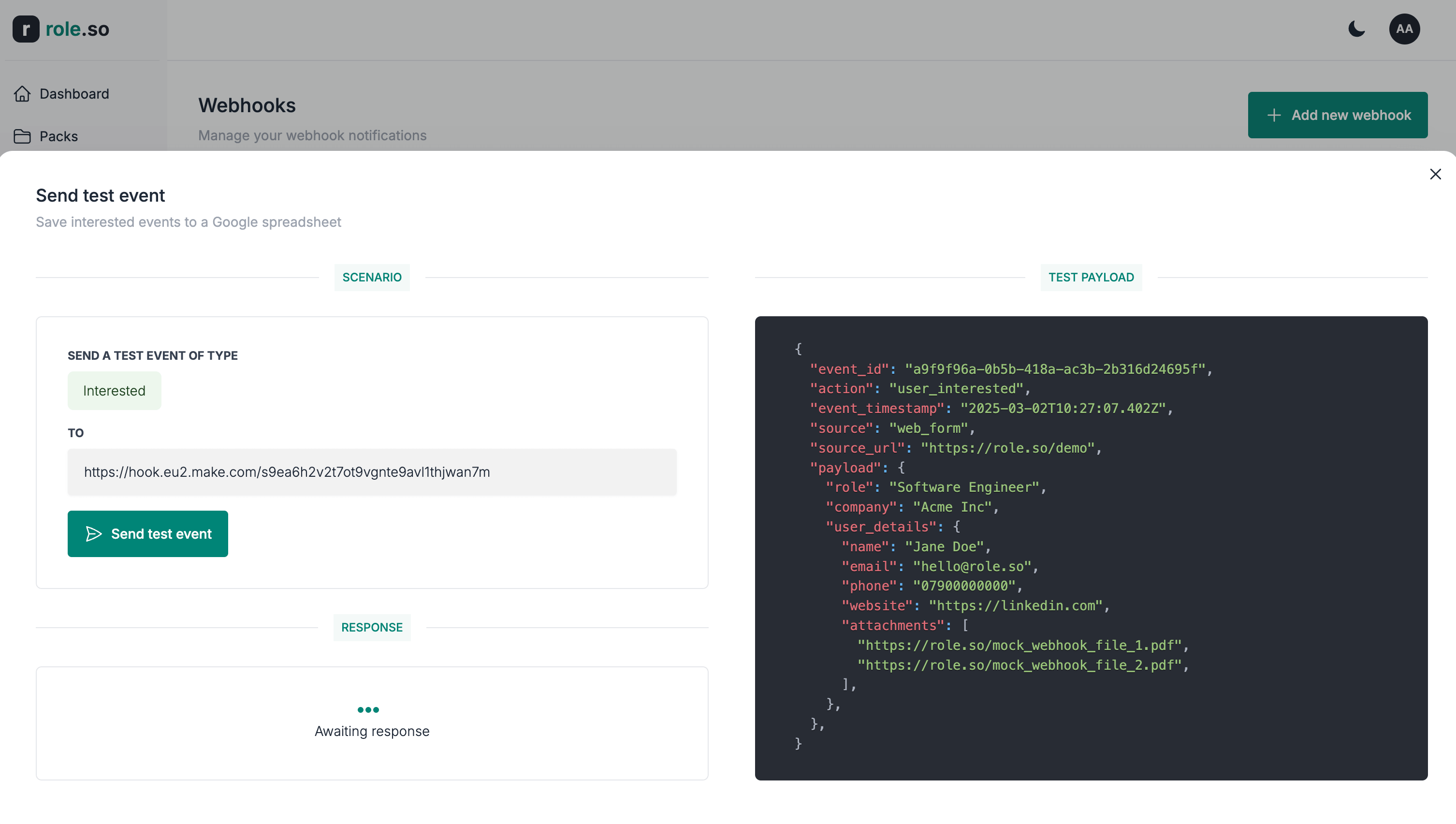 Test event modal